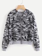 Romwe Contrast Ribbed Trim Camo Hooded Jacket
