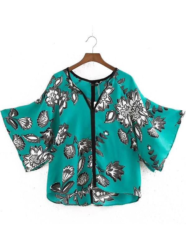 Romwe Green V Neck Floral Loose Blouse