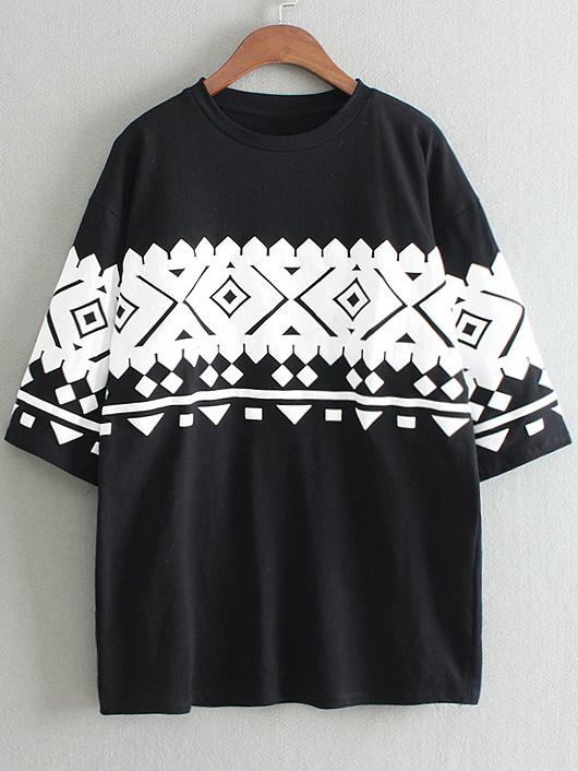 Romwe Black Half Sleeve Geometric Print T-shirt