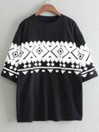 Romwe Black Half Sleeve Geometric Print T-shirt