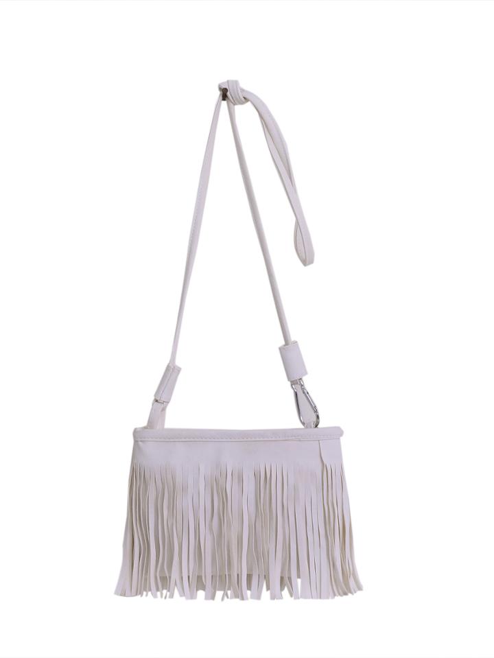 Romwe Faux Leather Tassel Crossbody Bag - White