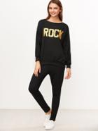 Romwe Black Letter Print Beaded Fringe Trim Sweatshirt With Pants