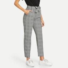 Romwe Waist Elastic Belted Plaid Pants