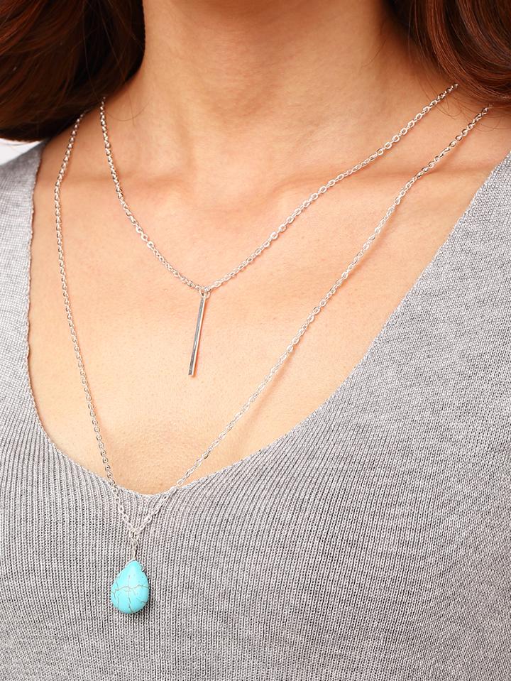 Romwe Turquoise And Plate Pendant Layered Necklace