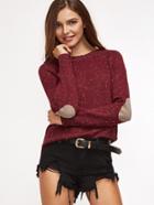 Romwe Burgundy Raglan Sleeve Fleck Sweater With Elbow Patch Detail