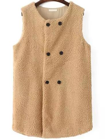 Romwe Round Neck Double Breasted Khaki Vest