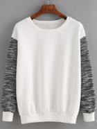 Romwe Round Neck Contrast Sleeve Loose White Sweatshirt