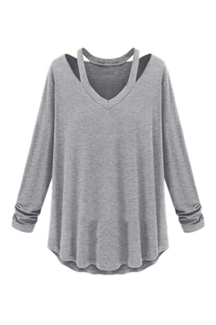 Romwe V-neck Pleated Grey Loose Blouse