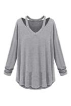 Romwe V-neck Pleated Grey Loose Blouse