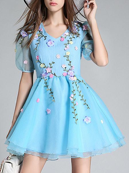 Romwe Blue V Neck Flowers Applique Dress