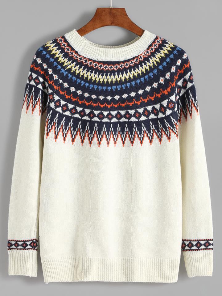 Romwe Beige Geometric Print Sweater