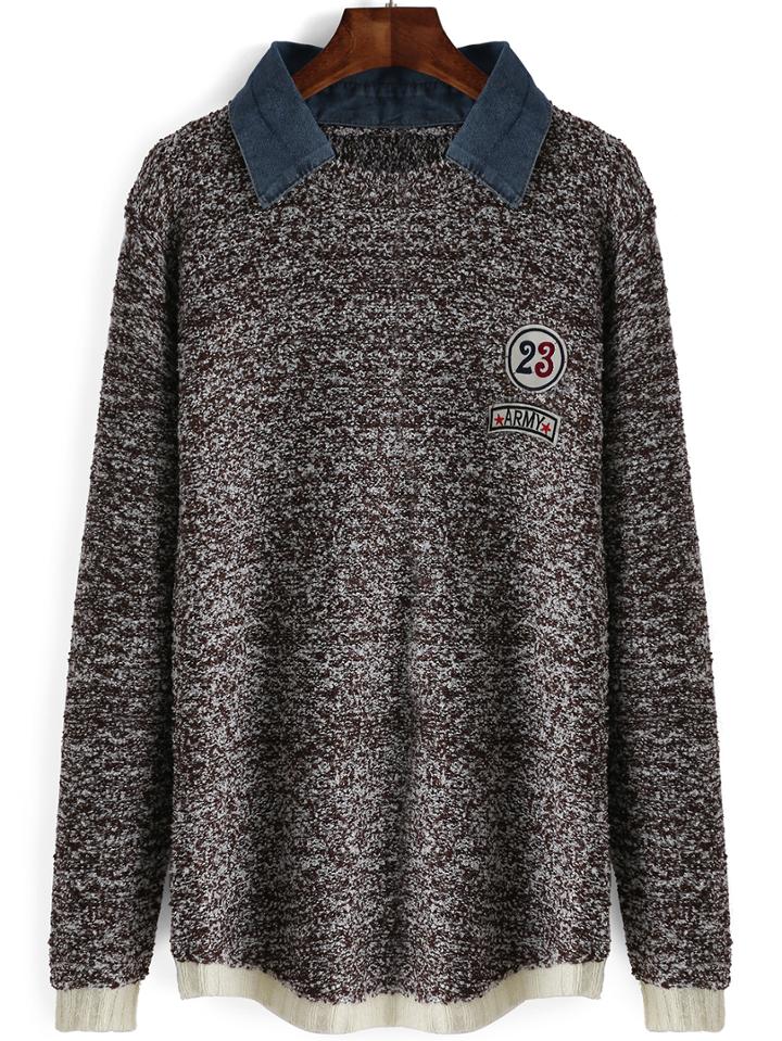 Romwe Contrast Denim Lapel Patch Khaki Sweater