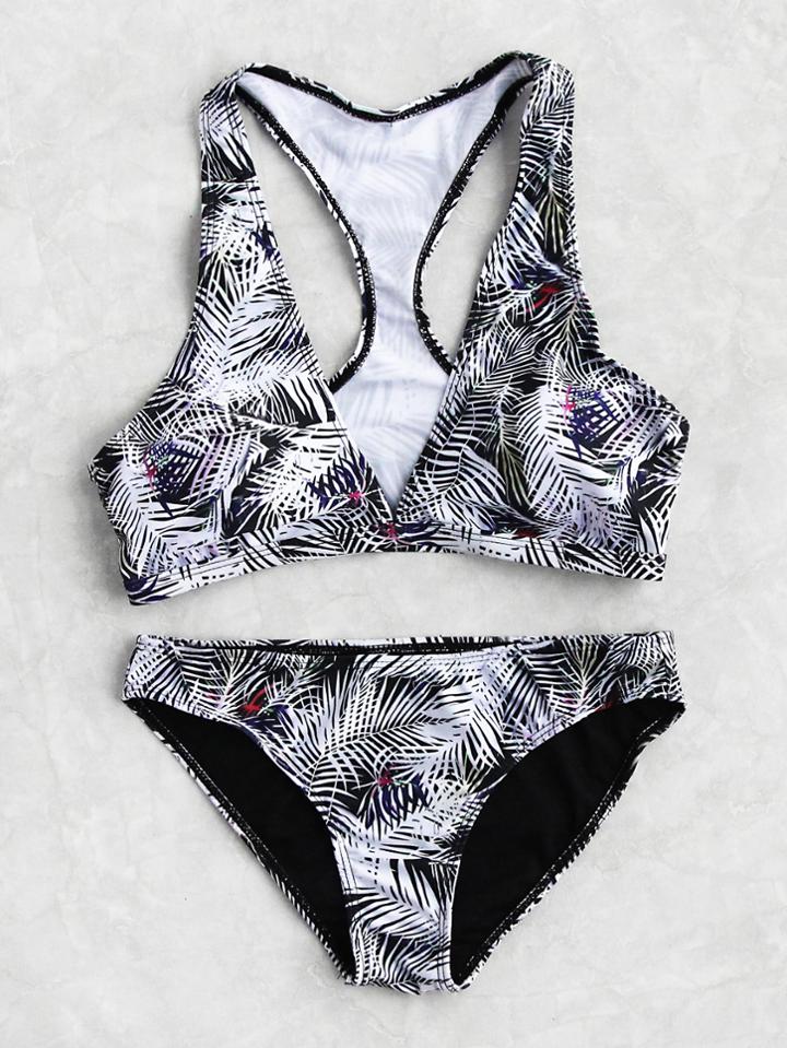 Romwe Jungle Print Plunge Neckline Racer Back Tankini Set