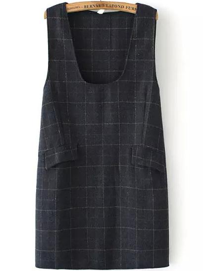 Romwe Scoop Neck Plaid Pockets Black Dress