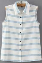 Romwe Lapel With Buttons Striped Blue Tank Top