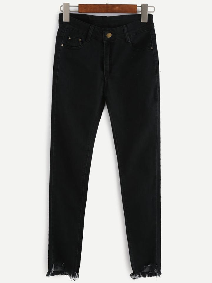 Romwe Black Raw Hem Skinny Jeans
