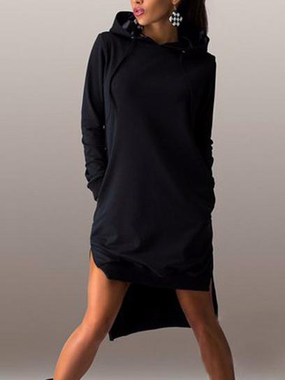 Romwe Black Hooded Long Sleeve High Low Dress
