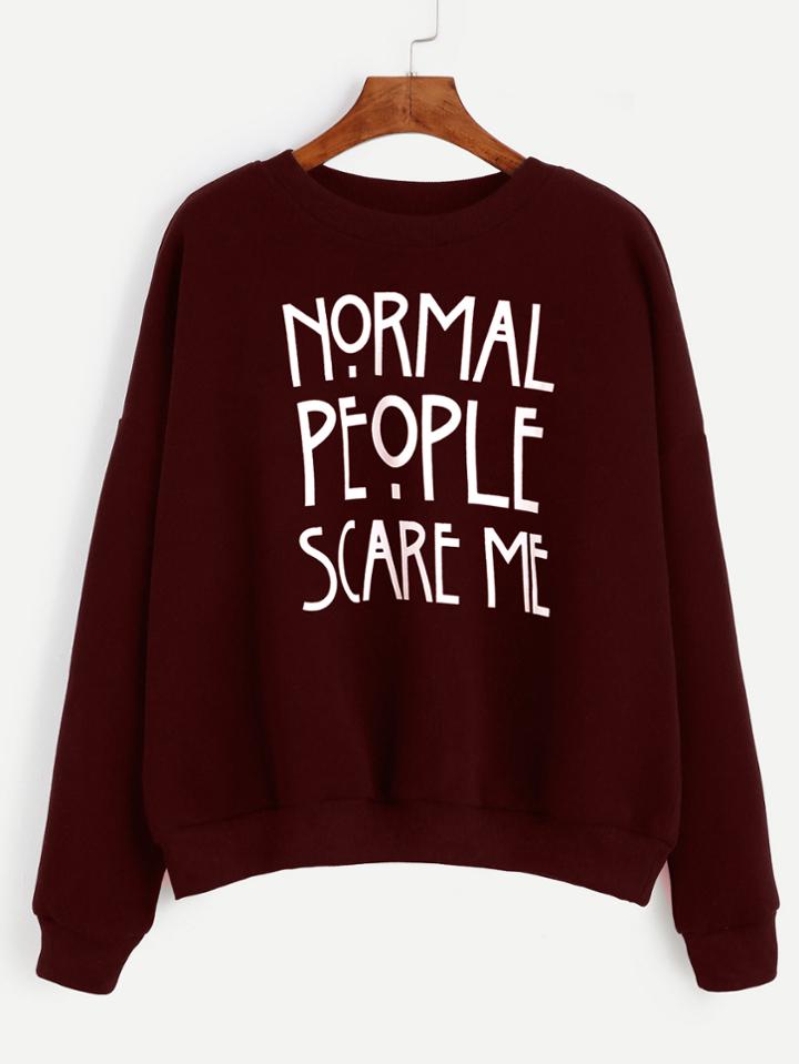 Romwe Burgundy Slogan Print Drop Shoulder Sweatshirt