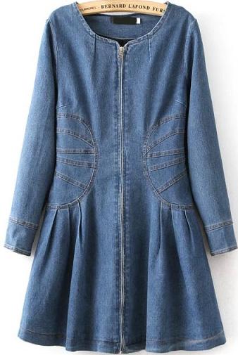 Romwe Blue Long Sleeve Slim Zipper Denim Dress