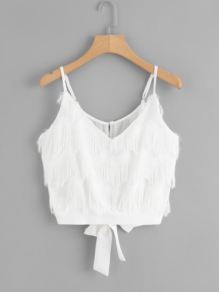 Romwe Knot Back Fringe Cami Top
