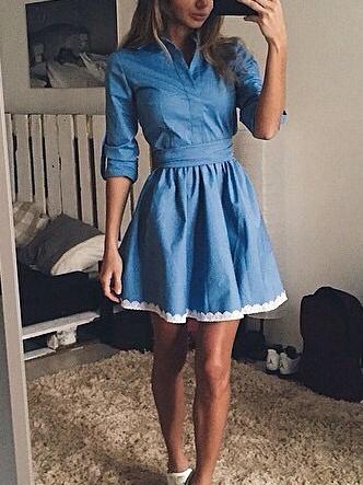 Romwe Blue Long Sleeve Collar Denim Dress
