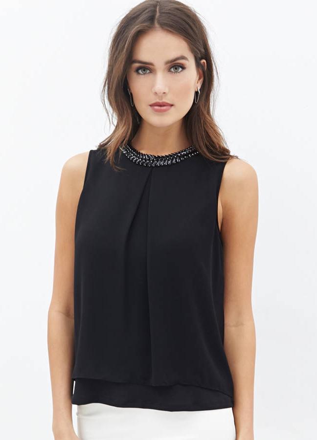 Romwe Sleeveless Bead Chiffon Tank Top