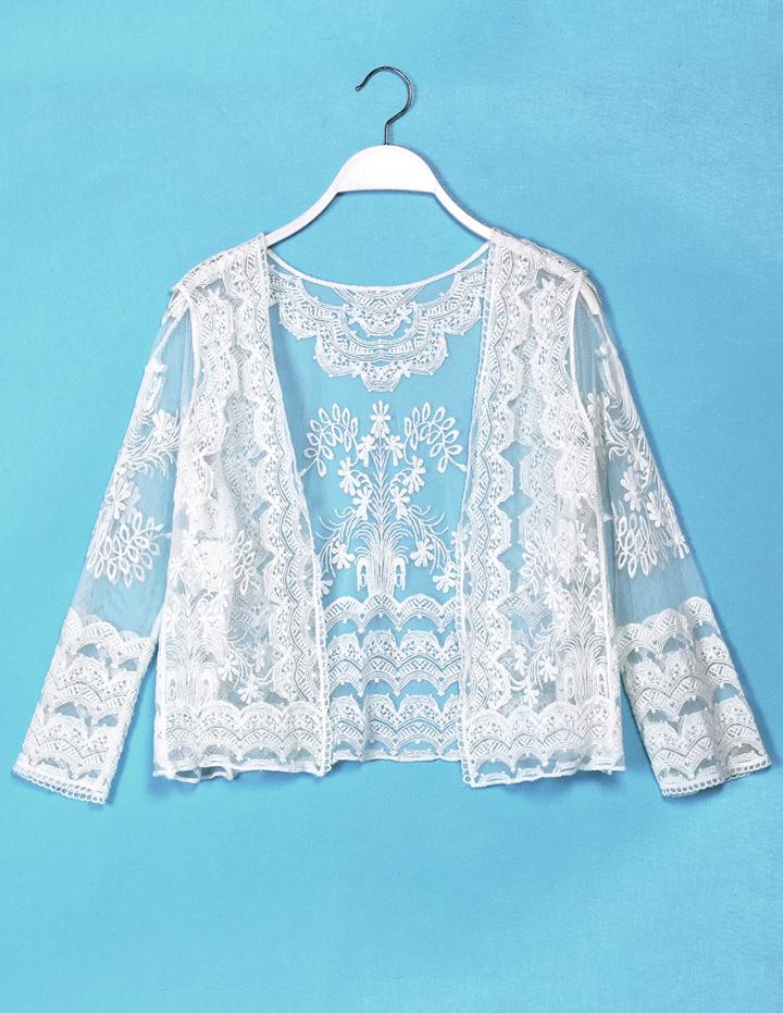 Romwe Embroidery Lace Long Sleeve Open Top
