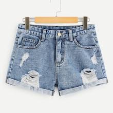 Romwe Ripped Roll Up Hem Denim Shorts