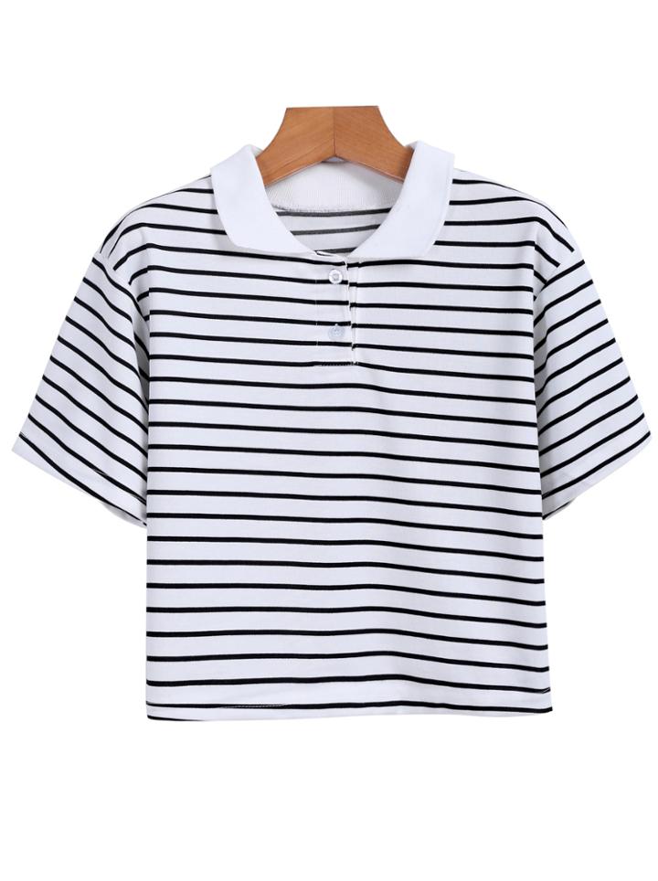 Romwe Lapel Striped Crop White T-shirt