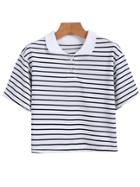 Romwe Lapel Striped Crop White T-shirt
