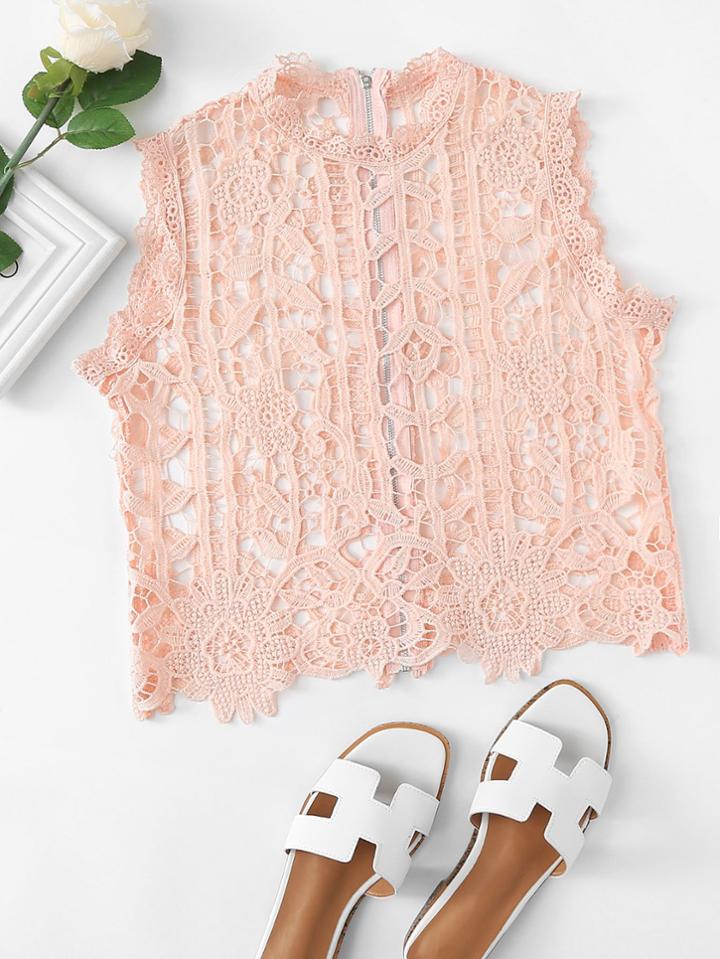 Romwe Zip Back Hollow Out Crochet Top