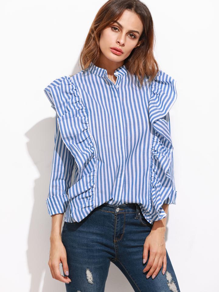 Romwe Blue Vertical Striped Hidden Button Ruffle Blouse