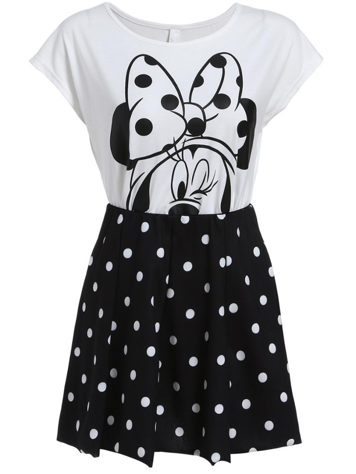 Romwe Mickey Print Top With Polka Dot Skirt