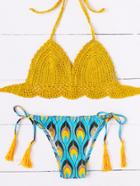 Romwe Feather Print Tassel Tie Crochet Bikini Set