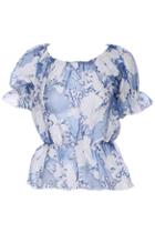 Romwe Flower Print Short-sleeved Blue Organza Blouse