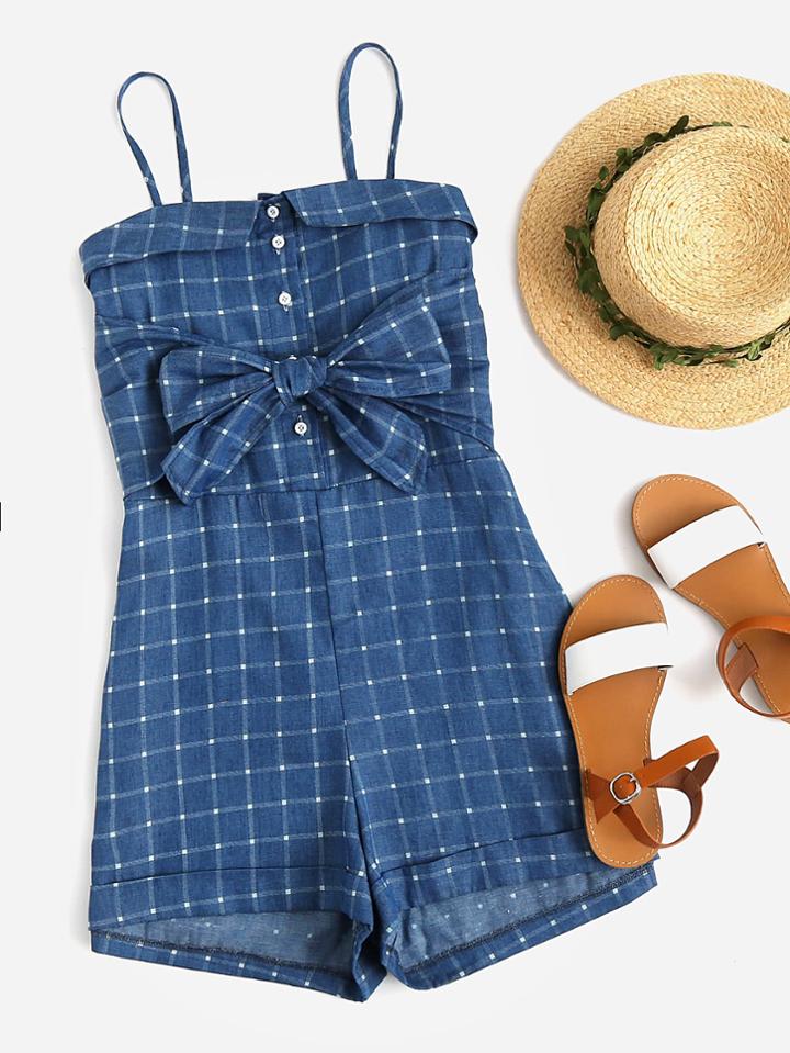 Romwe Checked Foldover Bow Tie Front Cuffed Cami Romper