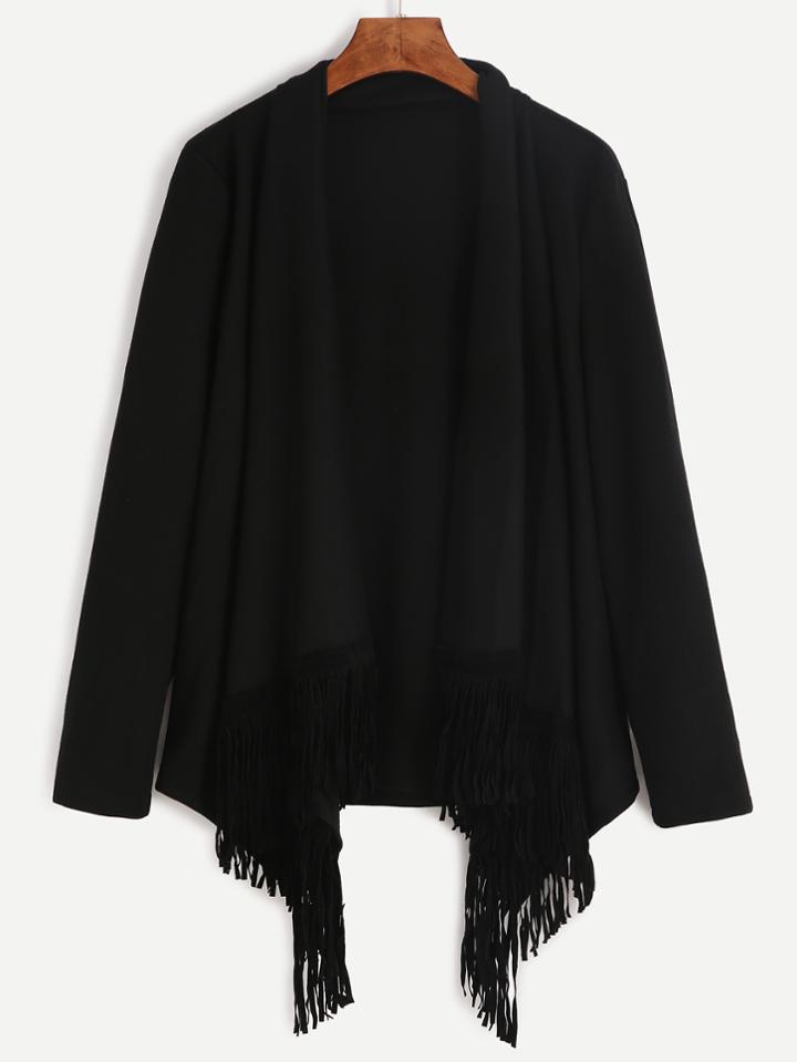 Romwe Black Asymmetrical Fringe Cardigan