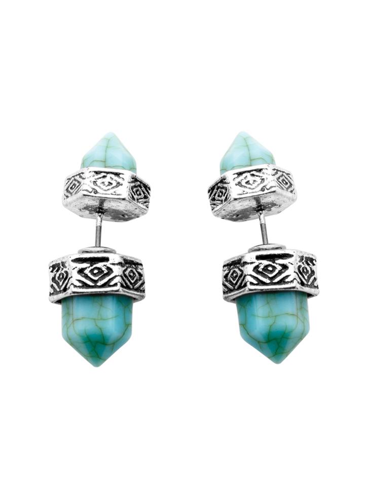 Romwe Silver Plated Tribal Style Hexagonal Turquoise Earrings