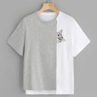 Romwe Contrast Panel Cat Embroidery Tee