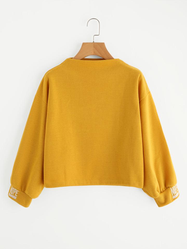 Romwe Letter Embroidered Mock Neck Lantern Sleeve Pullover