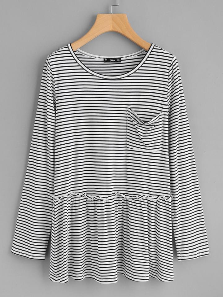 Romwe Pocket Front Frill Detail Striped Smock Top