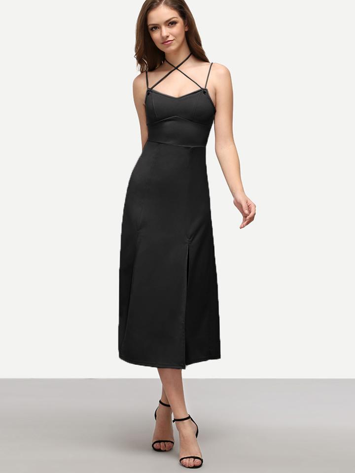 Romwe Strappy Front-slit Fit & Flare Cami Dress - Black