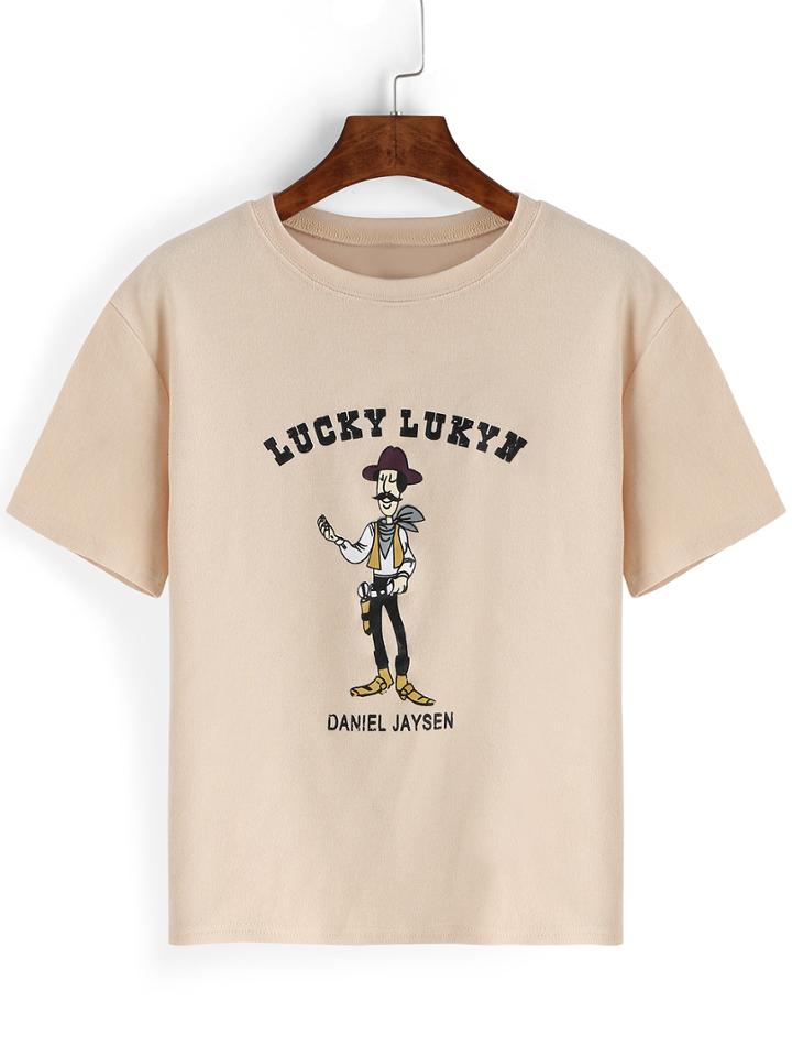 Romwe Cartoon Print Nude T-shirt