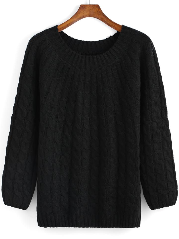 Romwe Black Round Neck Cable Knit Sweater