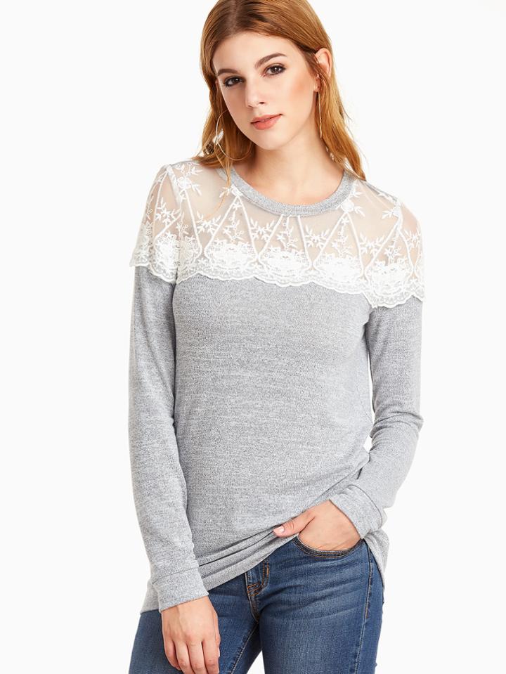 Romwe Grey Marled Contrast Sheer Lace Shoulder Sweatshirt
