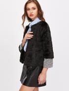 Romwe Black Open Front Contrast Cuff Faux Fur Coat