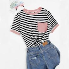 Romwe Pocket Patched Striped Ringer T-shirt