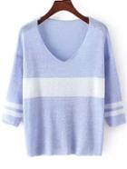 Romwe V Neck Striped Dip Hem Purple Sweater