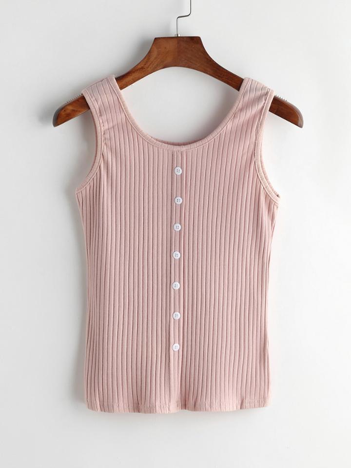 Romwe Pink Ribbed Button Front Tank Top