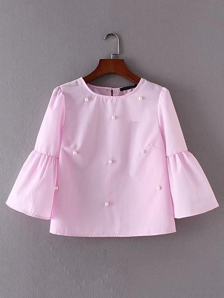 Romwe Bell Sleeve Pearls Embellished Top